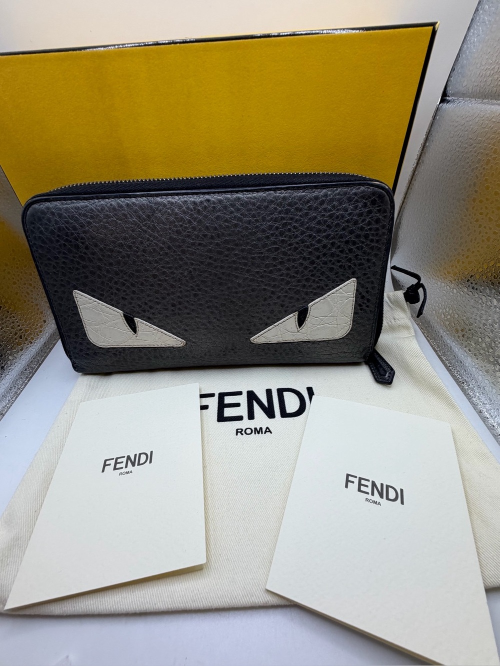 Fendi Black Pebbled Leather Zip Wallet with White Eye. Monster wallet. COA
